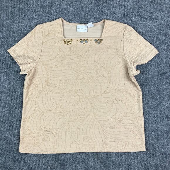 Alfred Dunner Top Womens M Beige Gold Embellished Beaded Neck Textured - Picture 1 of 6
